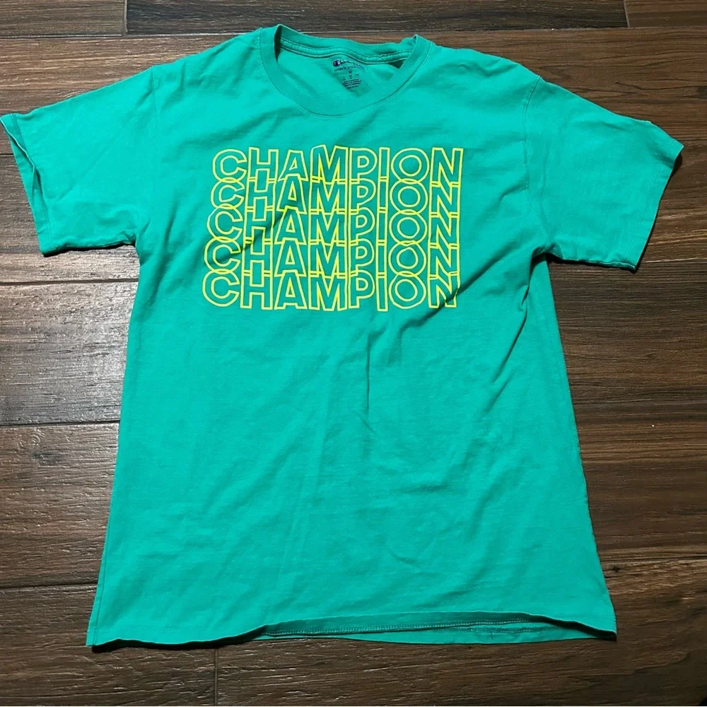 Champion Men’s‎ Short Sleeve Medium Shirt Green with Neon Green Letters - Picture 2 of 10